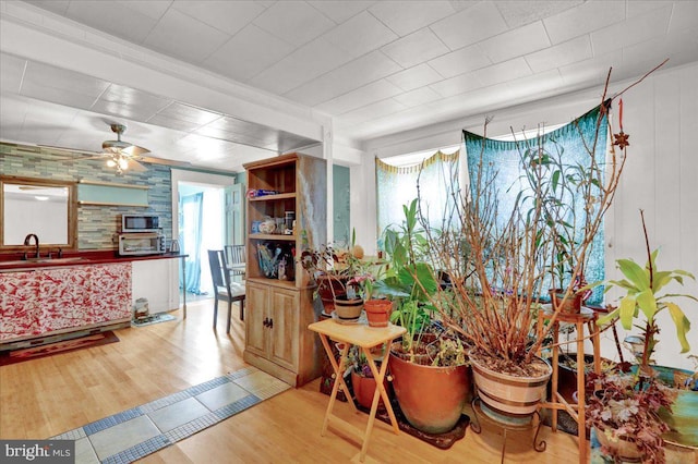 dining space featuring wood-type flooring, sink, and ceiling fan