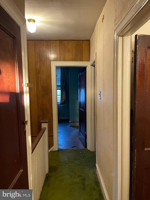 hallway with wooden walls