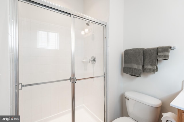 bathroom with vanity, toilet, and an enclosed shower