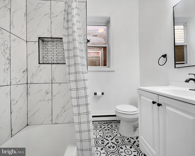 full bathroom featuring tile patterned flooring, a baseboard radiator, toilet, and a healthy amount of sunlight