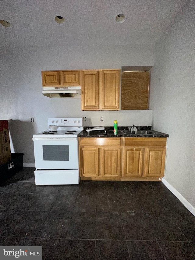 kitchen with a textured ceiling, white electric stove, and sink