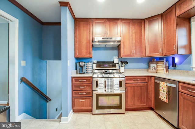 kitchen with ornamental molding and stainless steel appliances