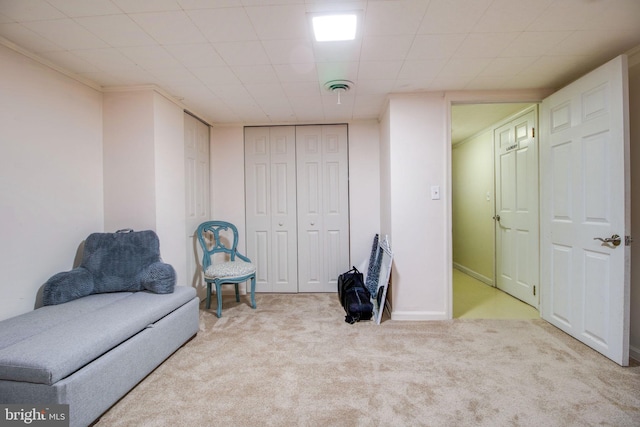 living area with light carpet and ornamental molding