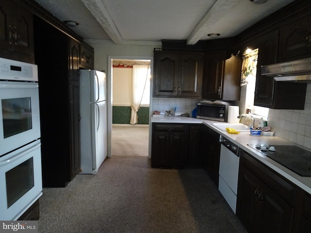 kitchen featuring beamed ceiling, white appliances, light colored carpet, and exhaust hood