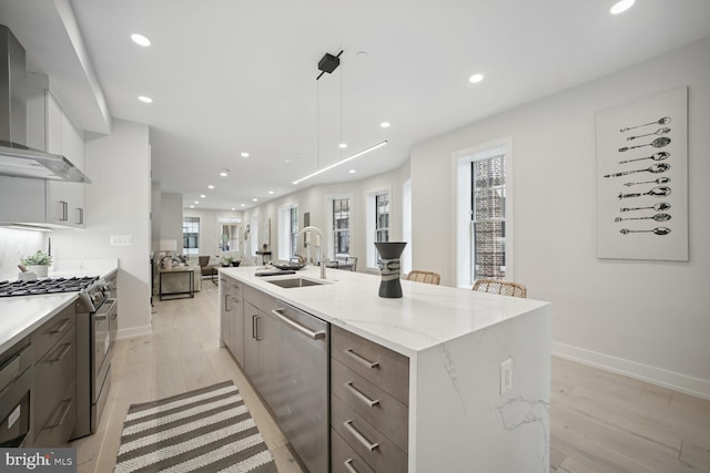 kitchen featuring sink, wall chimney range hood, an island with sink, light hardwood / wood-style floors, and appliances with stainless steel finishes