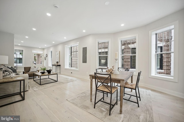 dining space featuring electric panel, light hardwood / wood-style flooring, and a healthy amount of sunlight