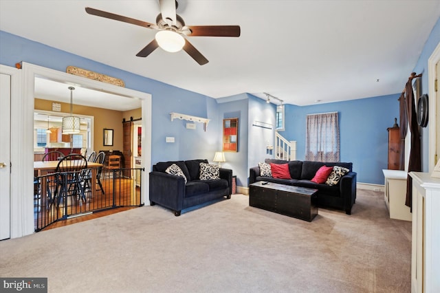 living room with ceiling fan, a barn door, and carpet floors