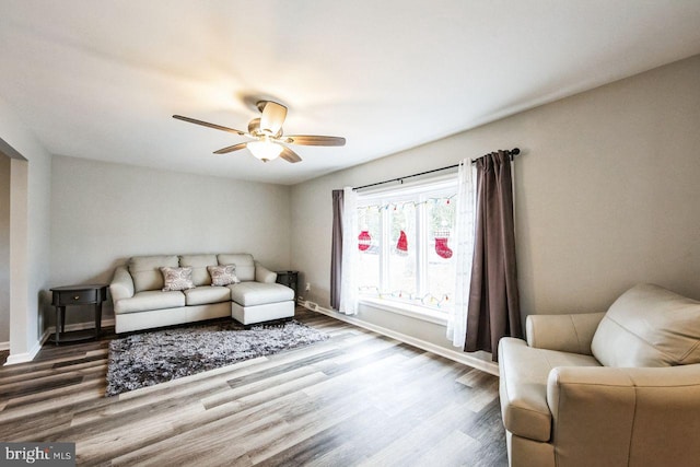 living room featuring ceiling fan and hardwood / wood-style flooring