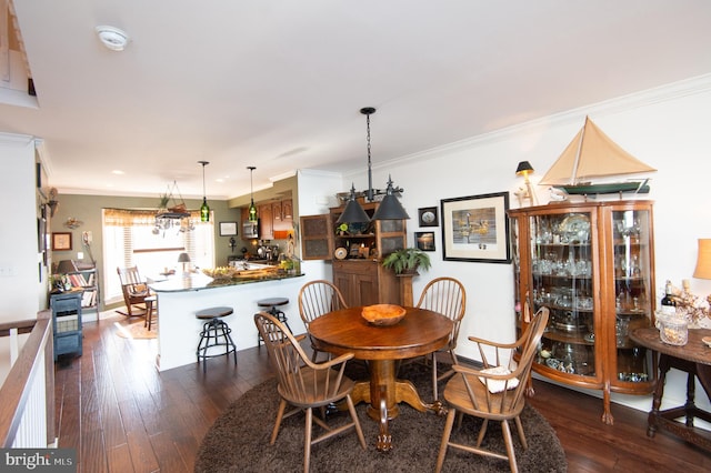 dining room with dark hardwood / wood-style floors and ornamental molding