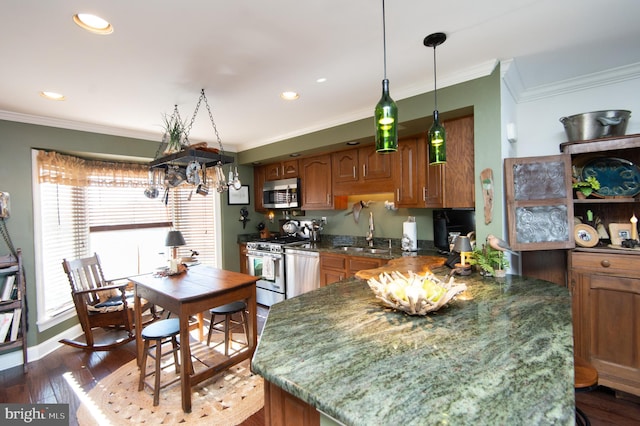 kitchen featuring ornamental molding, stainless steel appliances, sink, pendant lighting, and dark hardwood / wood-style floors