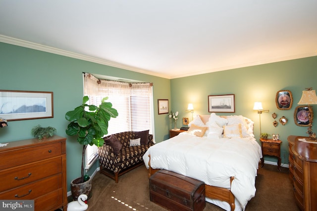 carpeted bedroom featuring crown molding