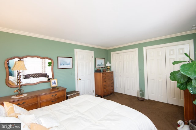 bedroom featuring two closets, dark carpet, and ornamental molding