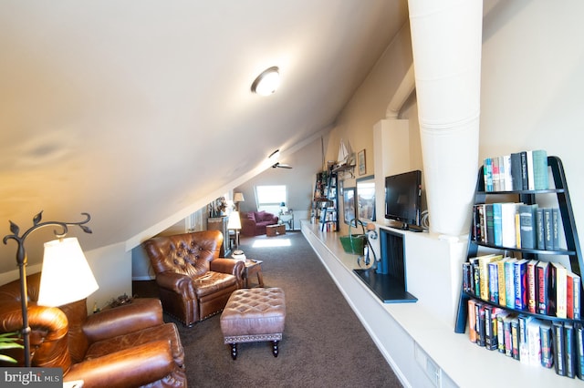 carpeted living room featuring lofted ceiling