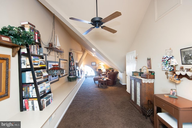 interior space with high vaulted ceiling and ceiling fan