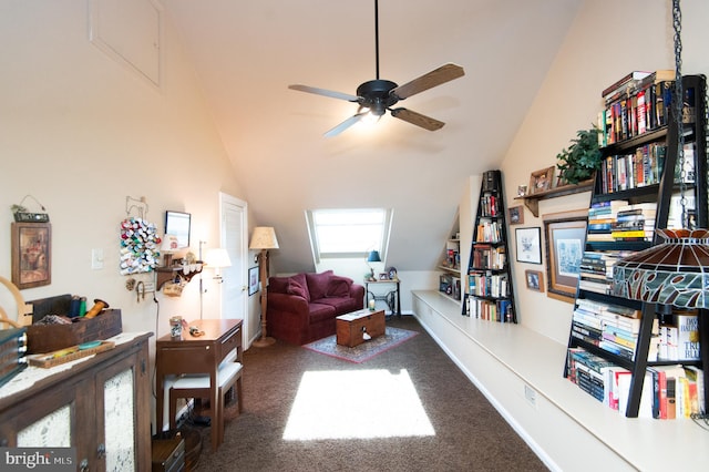 carpeted living room featuring ceiling fan and lofted ceiling