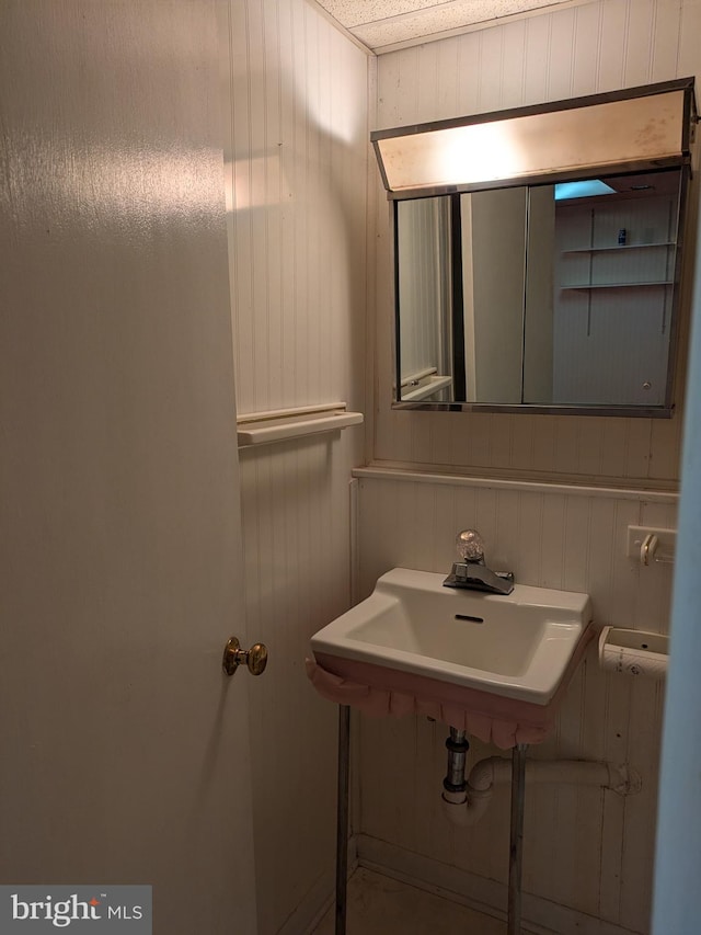 bathroom featuring wood walls and sink