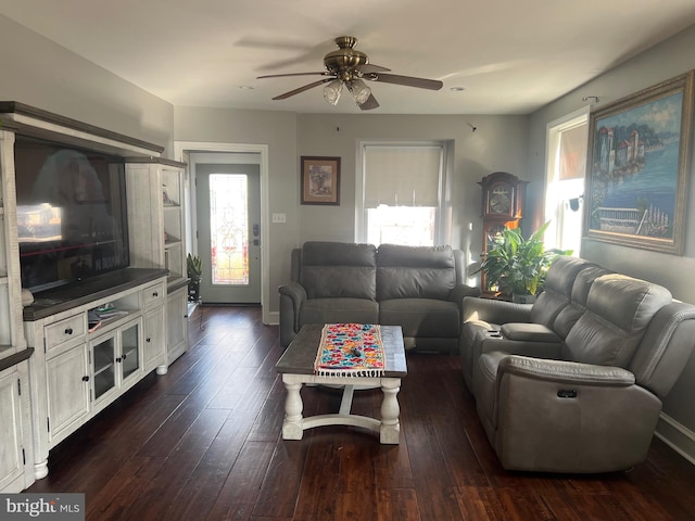 living room with ceiling fan and dark hardwood / wood-style floors