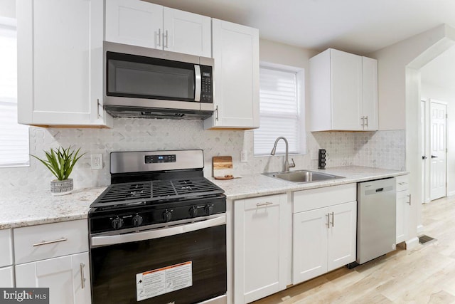 kitchen featuring white cabinetry, sink, tasteful backsplash, appliances with stainless steel finishes, and light wood-type flooring