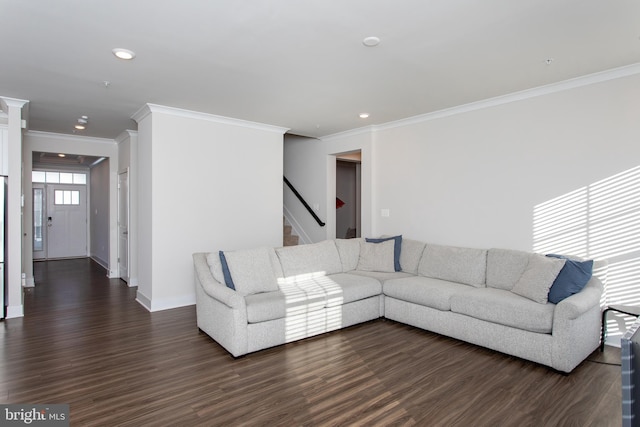 living room with crown molding and dark hardwood / wood-style floors