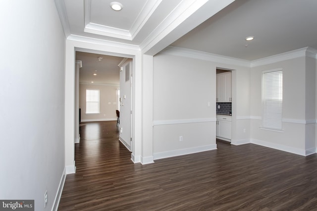 interior space featuring ornamental molding and dark hardwood / wood-style flooring