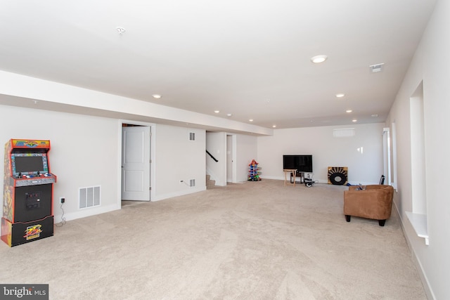 basement featuring light carpet