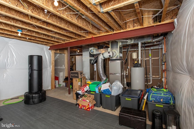 basement with gas water heater and heating unit