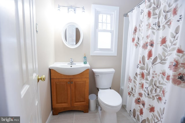 full bathroom featuring tile patterned flooring, shower / bath combo, vanity, and toilet