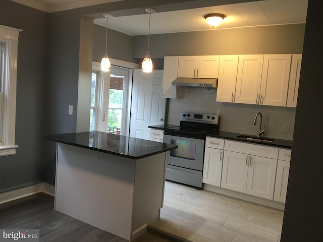 kitchen featuring electric range, sink, tasteful backsplash, white cabinets, and light wood-type flooring