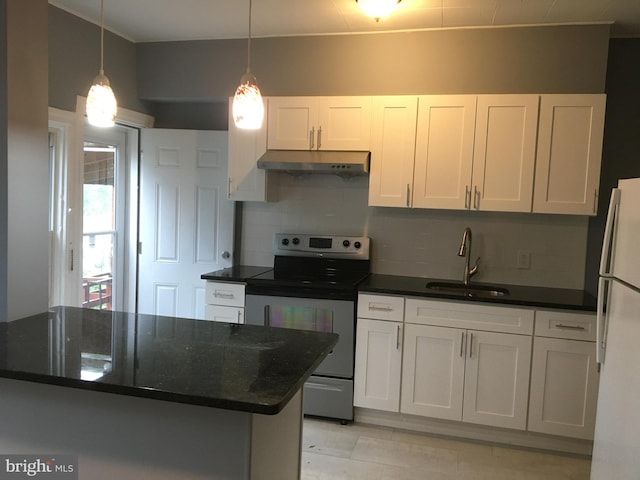 kitchen with white cabinetry, sink, hanging light fixtures, white refrigerator, and stainless steel range with electric stovetop