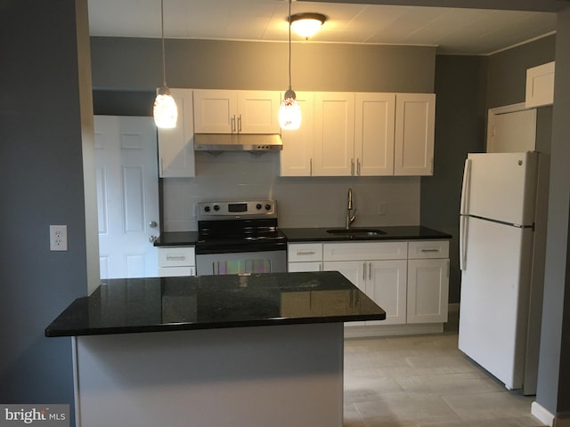 kitchen featuring stainless steel electric stove, white fridge, white cabinets, and sink