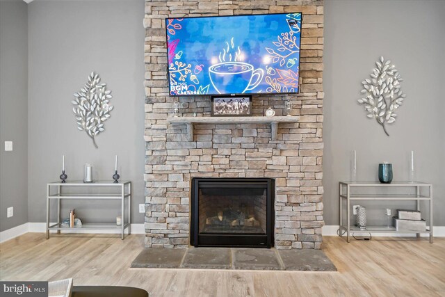 room details featuring wood-type flooring and a stone fireplace