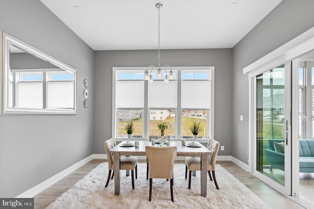 dining room with a chandelier, a healthy amount of sunlight, and light hardwood / wood-style flooring