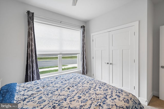 carpeted bedroom featuring ceiling fan, a closet, and multiple windows