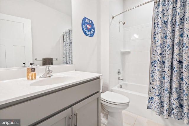 full bathroom with tile patterned flooring, vanity, toilet, and shower / bath combo with shower curtain