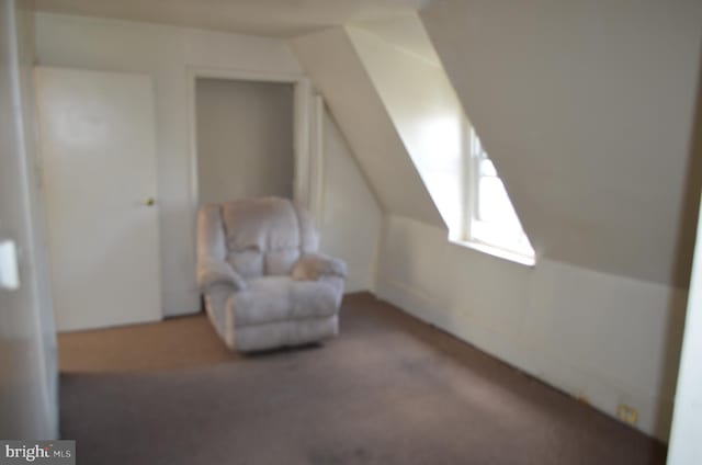 sitting room with carpet flooring and vaulted ceiling