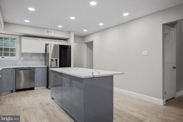 kitchen featuring stainless steel appliances, a kitchen island, light hardwood / wood-style flooring, and decorative backsplash