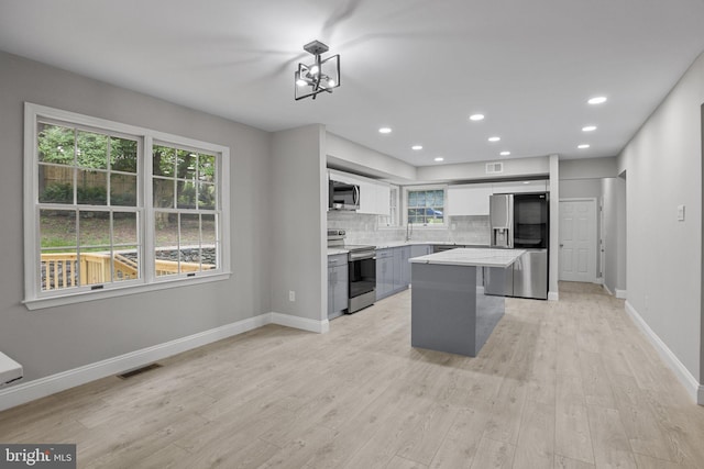 kitchen with backsplash, plenty of natural light, stainless steel appliances, and a kitchen island