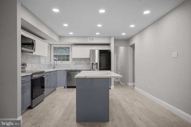 kitchen with gray cabinets, appliances with stainless steel finishes, white cabinets, decorative backsplash, and a center island