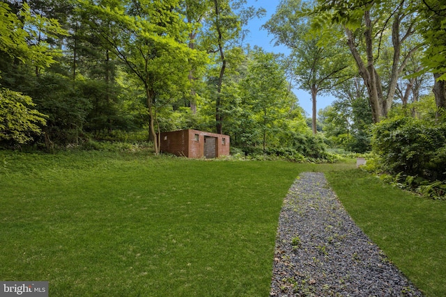 view of yard featuring a storage unit