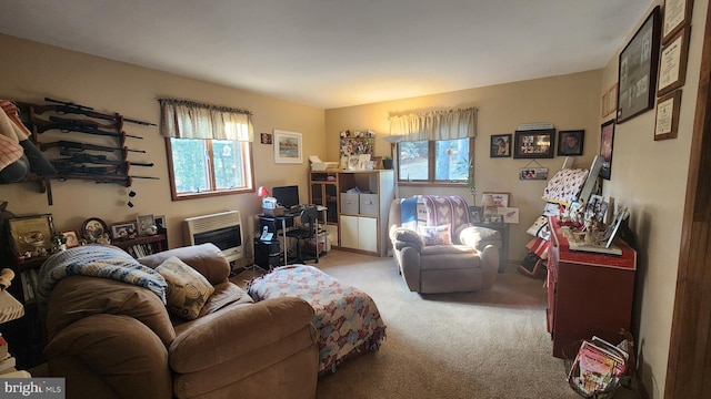 carpeted living room featuring heating unit and a wealth of natural light