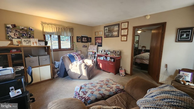 interior space with carpet and ceiling fan