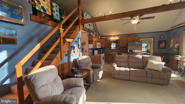 living room featuring ceiling fan, sink, high vaulted ceiling, beamed ceiling, and carpet floors