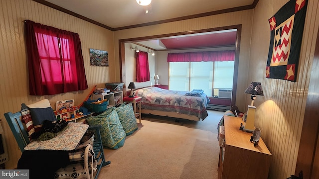 bedroom with carpet, cooling unit, crown molding, and a baseboard radiator