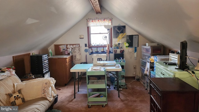 home office with carpet and vaulted ceiling with beams