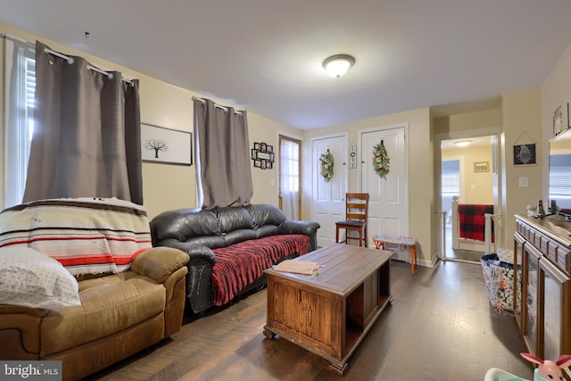 living room with dark hardwood / wood-style floors