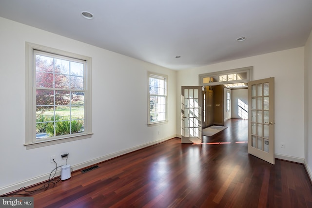 unfurnished room featuring french doors, dark hardwood / wood-style floors, and a healthy amount of sunlight