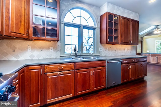 kitchen featuring ceiling fan, sink, stainless steel appliances, tasteful backsplash, and dark hardwood / wood-style flooring