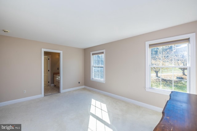 interior space with ensuite bath, light carpet, and multiple windows