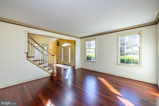 interior space featuring dark hardwood / wood-style flooring and crown molding