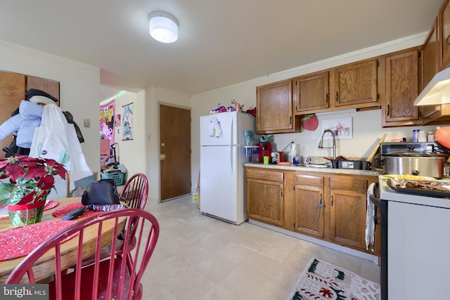 kitchen with sink, stove, exhaust hood, and white refrigerator